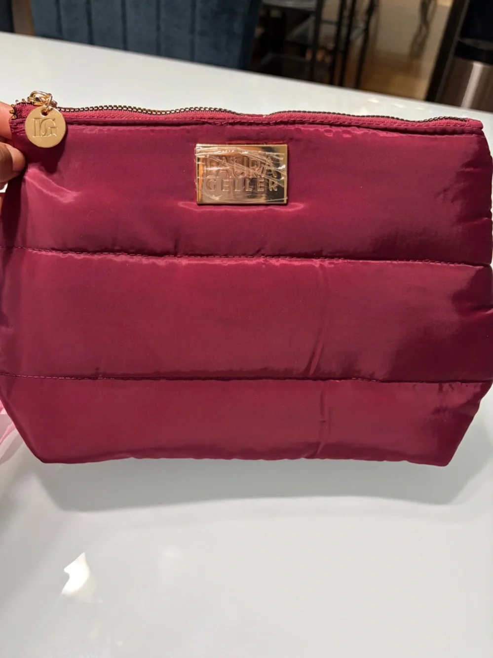 Ted Baker Burgundy Quilted Cosmetic Pouch with Gold Hardware